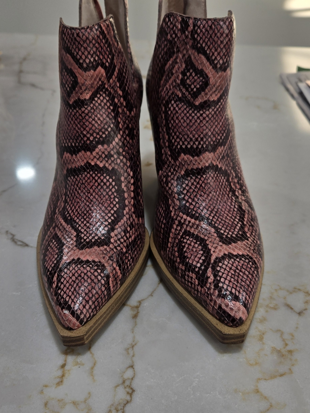 Vince Camuto Pink & Black Snake-Print Pointed Ankle Booties